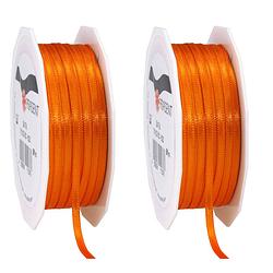 Foto van 2x luxe oranje satijnen lint rollen 0,3 cm x 50 meter cadeaulint verpakkingsmateriaal - cadeaulinten
