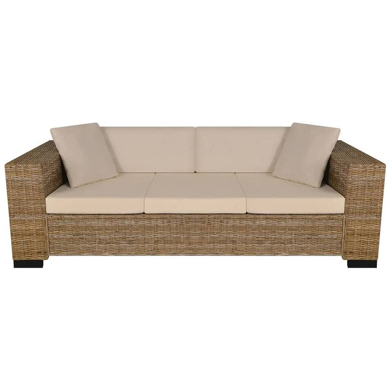 Foto van The living store rattan driezitsbank - 200 x 80 x 61 cm - natuurlijk rattan - crèmewit linnen kussens