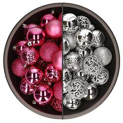 Foto van 74x stuks kunststof kerstballen mix van fuchsia roze en zilver 6 cm - kerstbal