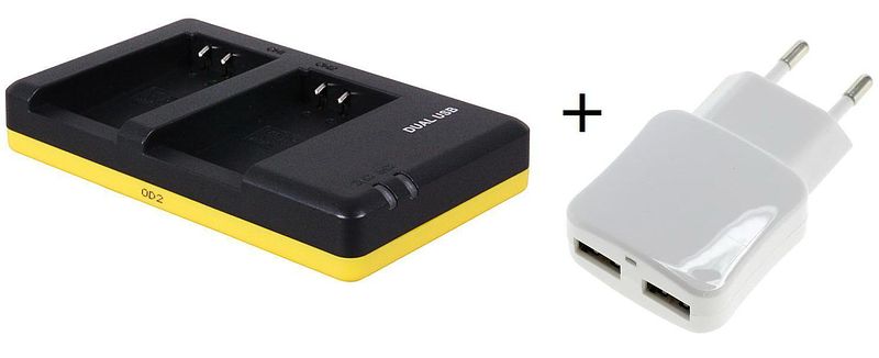 Foto van Duo lader voor 2 camera accu's nikon en-el20 + handige 2 poorts usb 230v adapter