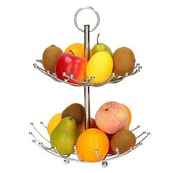 Foto van Dubbele etagere fruitschaal/fruitmand rond zilver metaal 36 x 40 cm - fruitschalen
