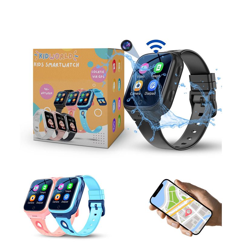 Foto van Kidworld smartwatch kinderen zwart met hd-camera, gps en 4g verbinding 1000 mah batterij