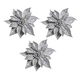 Foto van 3x kerstversieringen kerststerren bloemen zilver op clip - kersthangers