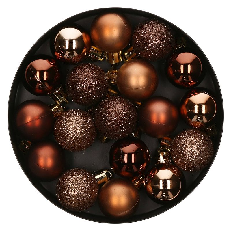 Foto van 18x stuks kerstballen bruin glans en mat kunststof 3 cm - kerstbal