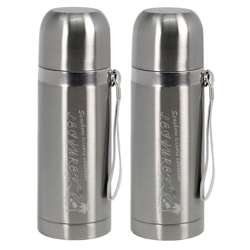 Foto van 2x stuks rvs thermosflessen / isoleerflessen met touwtje zilver 350 ml - thermosflessen