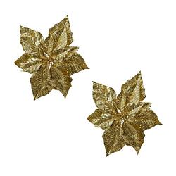 Foto van 2x stuks decoratie bloemen kerstster goud glitter op clip 23 cm - kersthangers