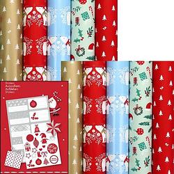 Foto van Cosy cottage - assortiment cadeaupapier inpakpapier voor kerst - 2 meter x 70 cm - 10 rollen - inclusief labels