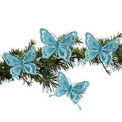 Foto van 4x stuks kerstboom decoratie vlinders op clip glitter blauw 14 cm - kersthangers