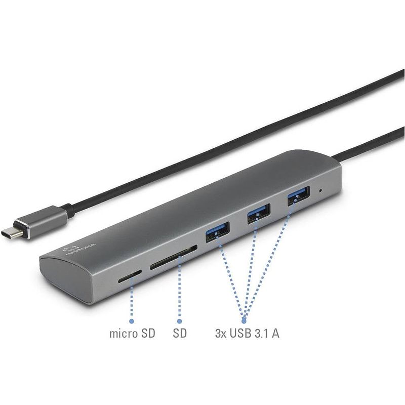 Foto van Renkforce 3 + 2 poorten usb 3.2 gen 1-hub met ingebouwde sd-kaartlezer, met aluminium behuizing zilver