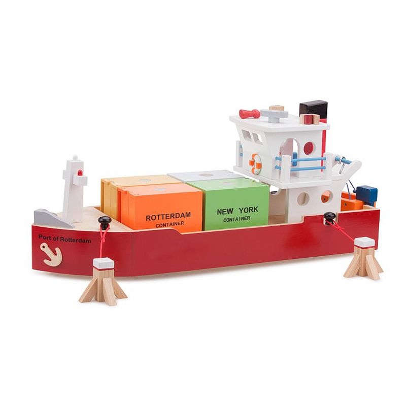 Foto van New classic toys containerboot havenlijn 60 cm hout rood 3-delig