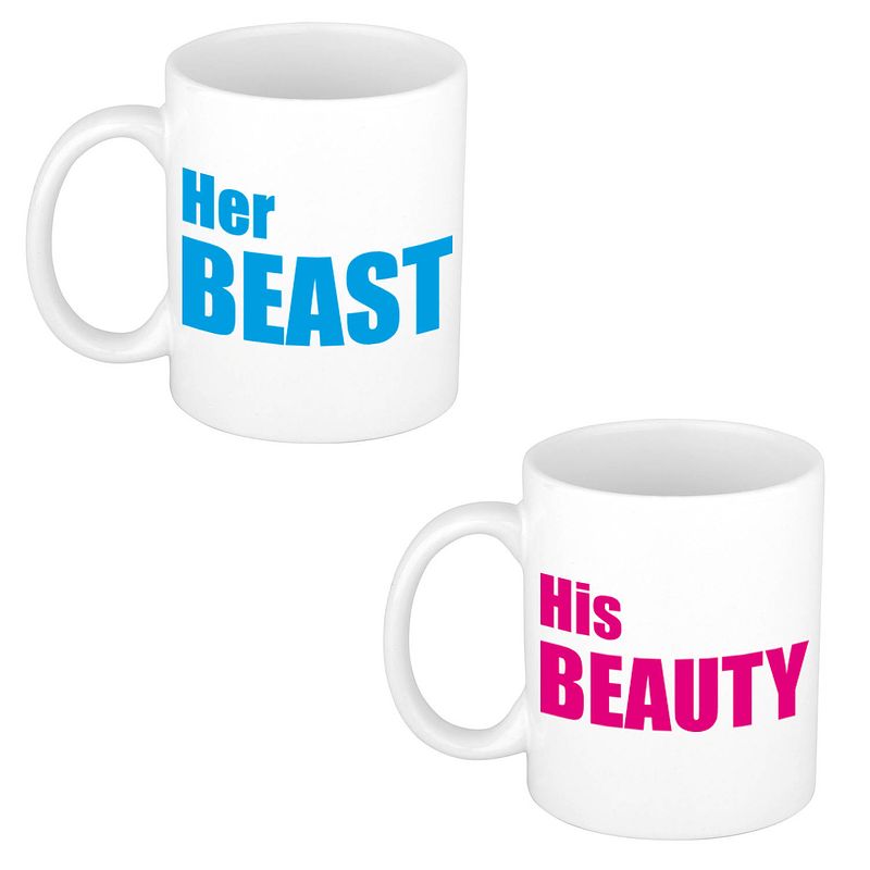 Foto van Her beast en his beauty cadeau mok / beker wit met blauwe letters 300 ml - feest mokken