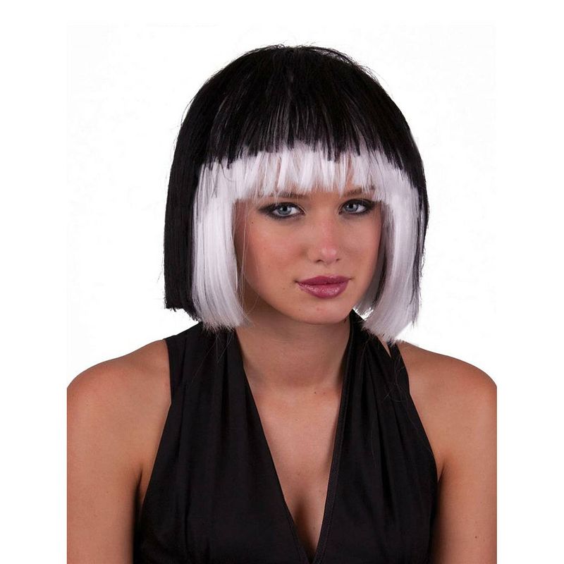 Foto van Funny fashion heksenpruik kort haar - zwart/wit - dames - halloween - verkleedpruiken