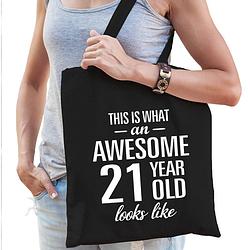 Foto van Awesome 21 year / 21 jaar cadeau tas zwart voor dames - feest boodschappentassen