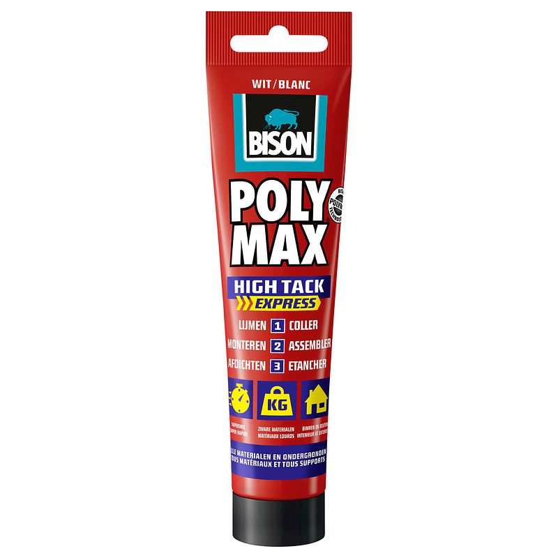 Foto van Bison - poly max high tack express wit tube 165g
