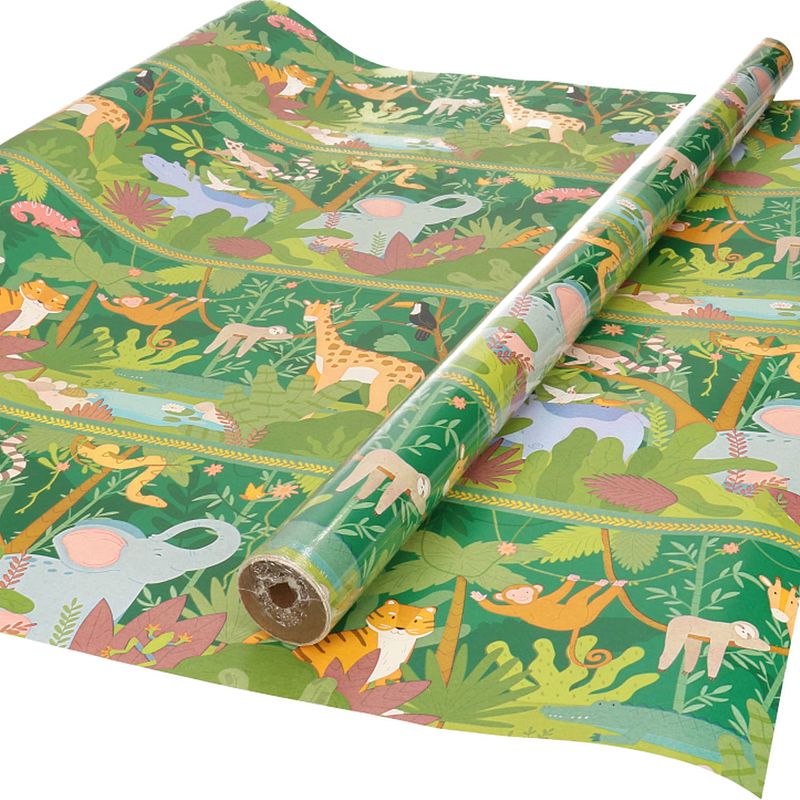 Foto van Inpakpapier/cadeaupapier kinderverjaardag - 2x - jungle print - 200 x 70 cm - cadeaupapier