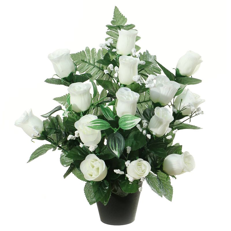 Foto van Louis maes kunstbloemen in pot - wit - h35 cm - bloemstuk ornament - rozen/gipskruid met bladgroen - kunstbloemen