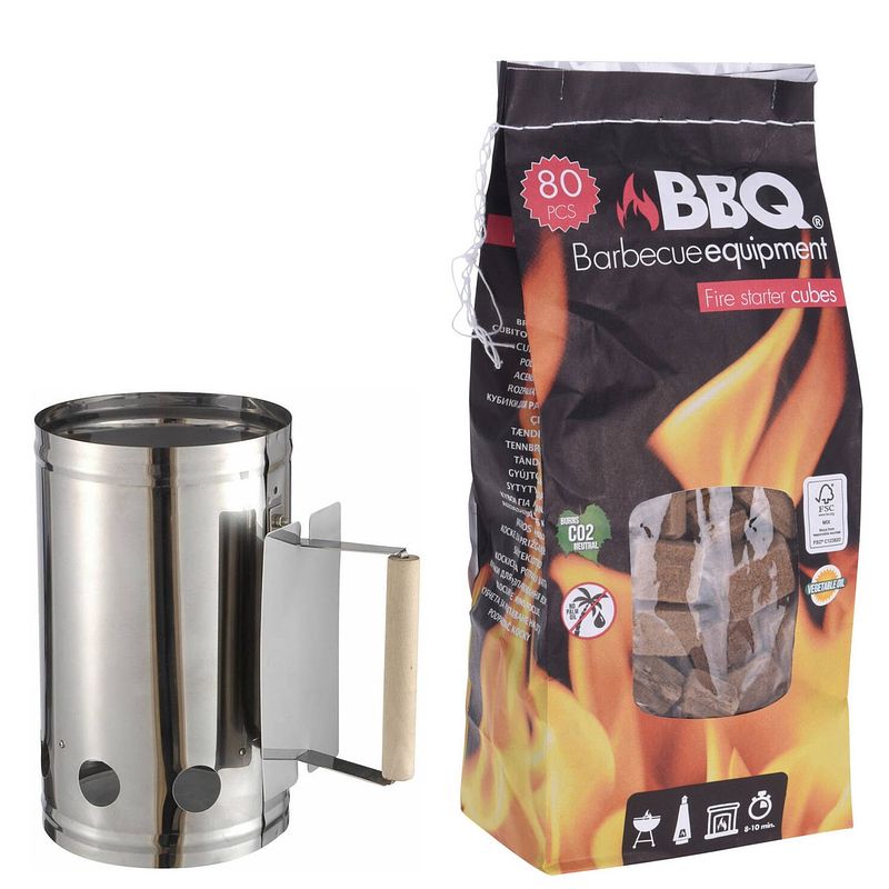 Foto van Barbecue briketten starter rvs met houten handvat 27 x 17 cm met 80x bbq aanmaakblokjes - brikettenstarters