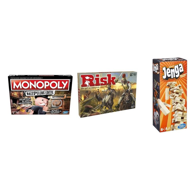 Foto van Spellenbundel - 3 stuks - monopoly valsspelerseditie & risk & jenga