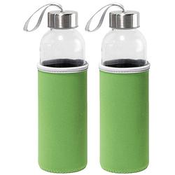 Foto van 2x stuks glazen waterfles/drinkfles met groene softshell bescherm hoes 520 ml - drinkflessen