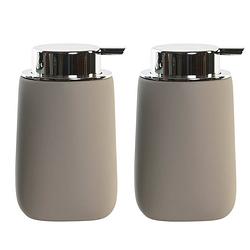 Foto van 2x stuks zeeppompje/dispenser kunststeen/rvs in taupe/beige 14 cm - zeeppompjes