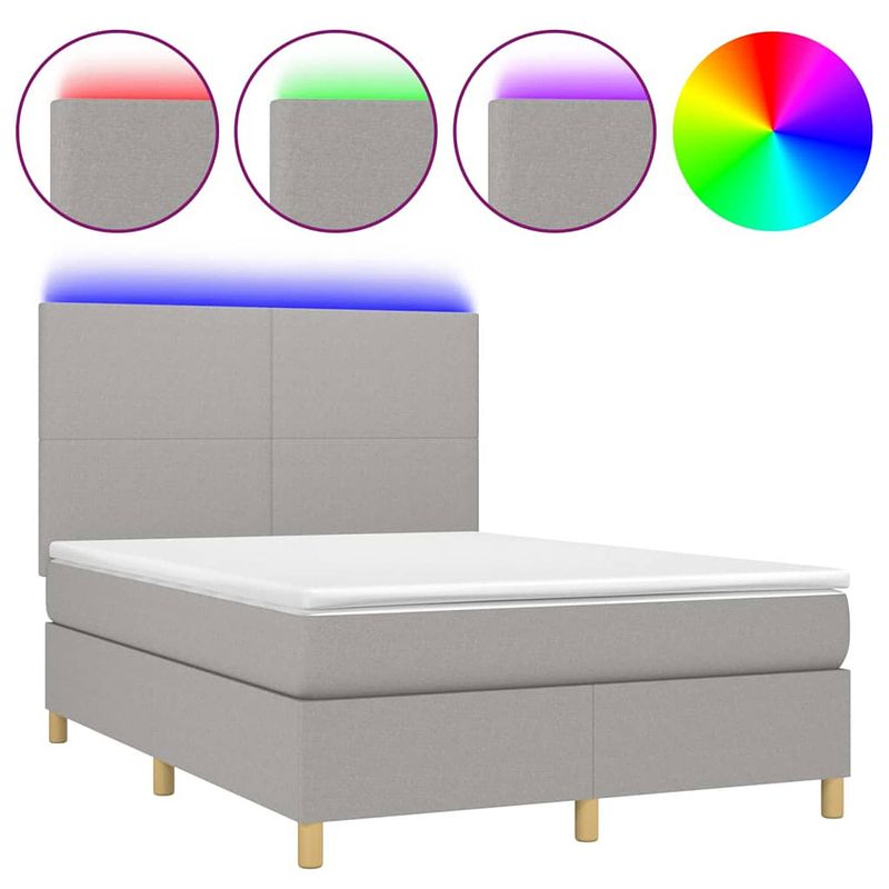 Foto van The living store bed boxspring - lichtgrijs - 193x144x118/128 cm - verstelbaar hoofdbord - kleurrijke led-verlichting -