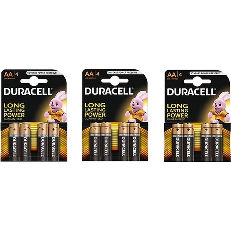 Foto van 12 stuks (3 blisters a 4st) - duracell basic lr6 / aa / r6 / mn 1500 1.5v alkaline batterij