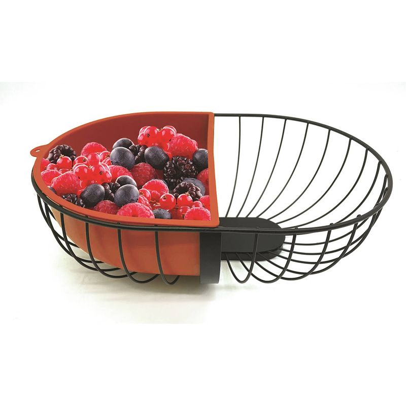 Foto van Fruitschaal/fruitmand metaal met inzetbakje zwart/rood 30 x 20 cm - fruitschalen