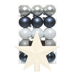 Foto van Kerstballen 30x - 6 cm - met ster piek - blauw/wit/zilver -kunststof - kerstbal