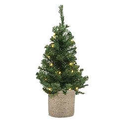 Foto van Kunstboom/kunst kerstboom groen 60 cm met verlichting en naturel jute pot - kunstkerstboom