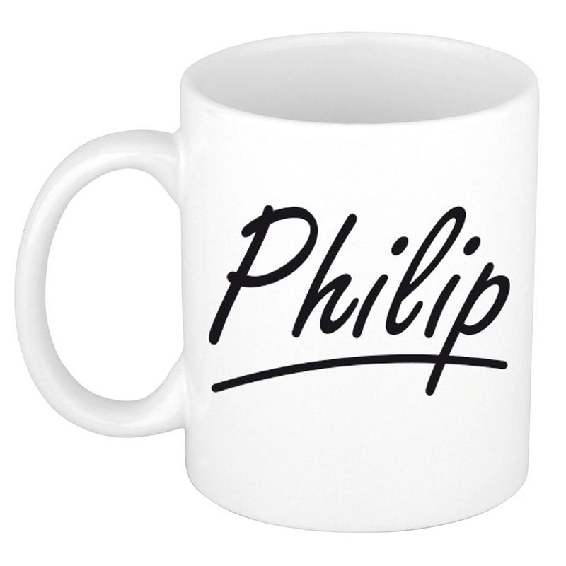 Foto van Naam cadeau mok / beker philip met sierlijke letters 300 ml - naam mokken