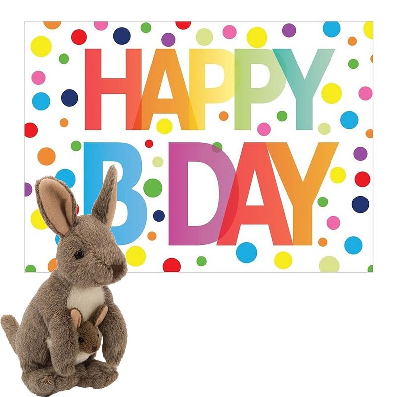 Foto van Pluche dieren knuffel kangoeroe 20 cm met happy birthday wenskaart - knuffeldier