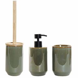 Foto van Badkamerset met zeeppompje toiletborstel en tandenborstel beker groen keramiek - badkameraccessoireset