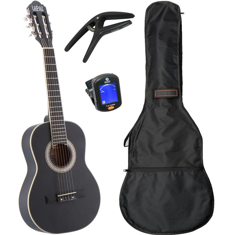 Foto van Lapaz c30bk klassieke gitaar 1/2-formaat zwart + gigbag + accessoires