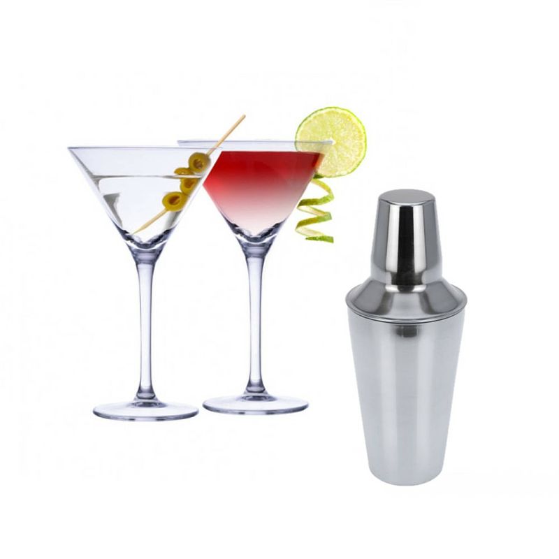 Foto van Set van 4x martini cocktailglazen met cocktailshaker rvs - cocktailglazen