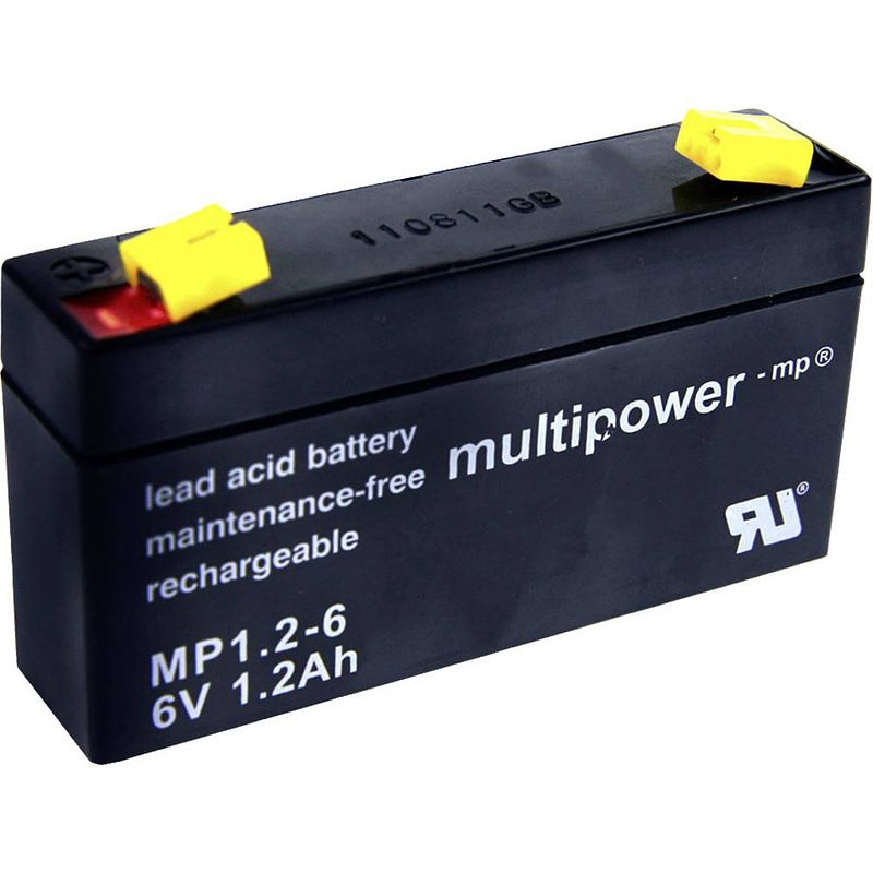 Foto van Multipower pb-6-1,2-4,8 loodaccu 6 v 1.2 ah loodvlies (agm) (b x h x d) 97 x 57 x 25 mm kabelschoen 4.8 mm onderhoudsvrij, geringe zelfontlading