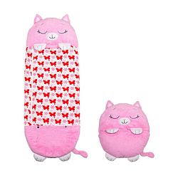 Foto van Happy nappers kinderslaapzak - 2-in-1 zachte knuffel en zomerslaapzak - roze kat motief - large