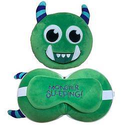 Foto van Groen monster knuffel/reiskussen/slaapmasker 3-in-1 voor kinderen - slaapmaskers