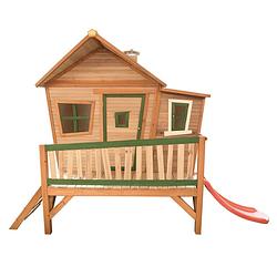 Foto van Axi emma speelhuis op palen & rode glijbaan speelhuisje voor de tuin / buiten in bruin & groen van fsc hout