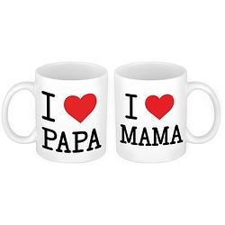 Foto van Love papa en mama met hartje mok - cadeau beker set voor papa en mama - feest mokken