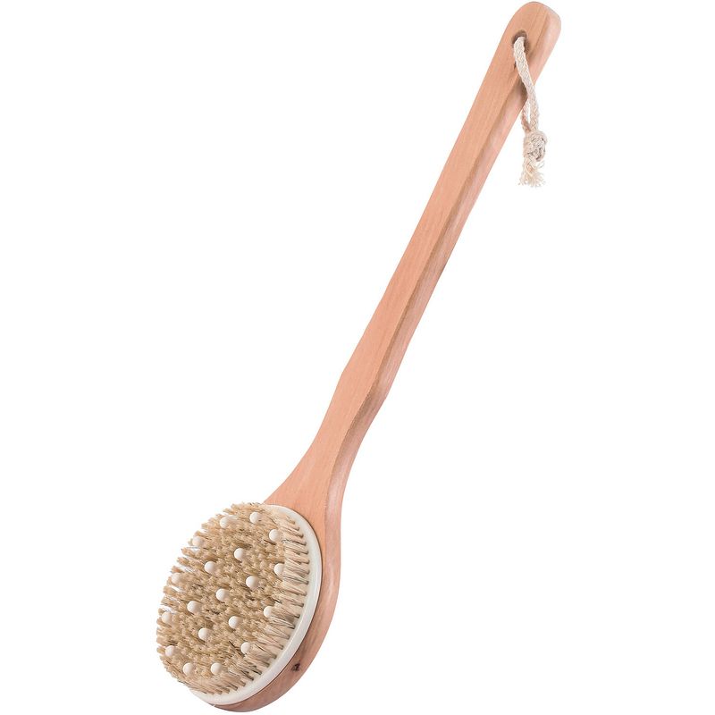 Foto van Msv bad/douche scrub massage borstel - hout - 42 cm - harde stevige borstels and spikes - badkameraccessoireset