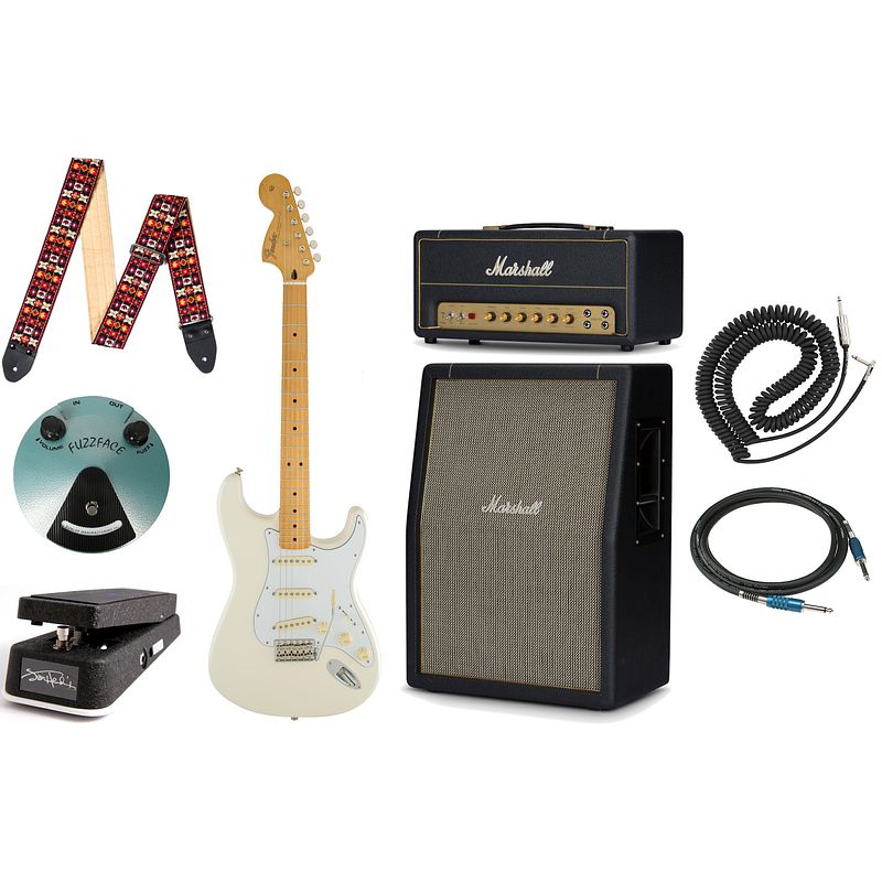 Foto van Fender jimi hendrix stratocaster olympic white mn + marshall versterker + effectpedalen + accessoires