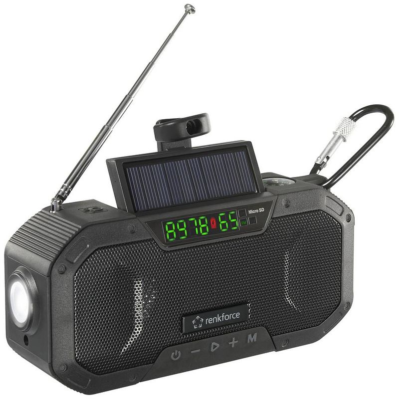 Foto van Renkforce rf-cr-300 outdoorradio vhf (fm), middengolf bluetooth, sd oplaadbaar, zonnepaneel, handslinger zwart