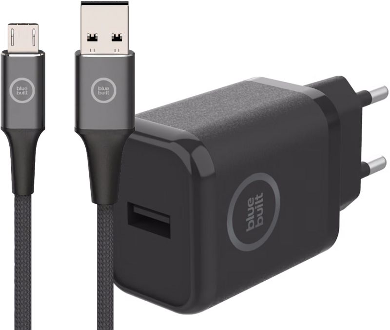 Foto van Bluebuilt quick charge oplader 18w + micro usb kabel nylon zwart 1,5m