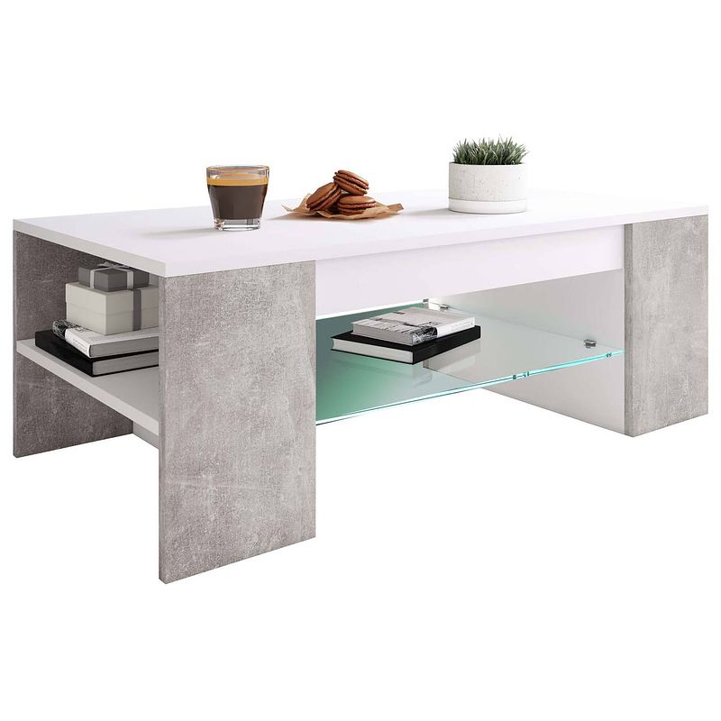 Foto van Tunas salontafel 1 plank wit, beton decor.