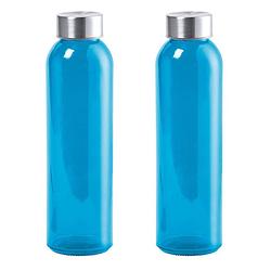 Foto van 2x stuks glazen waterfles/drinkfles blauw transparant met rvs dop 550 ml - sportfles - bidon