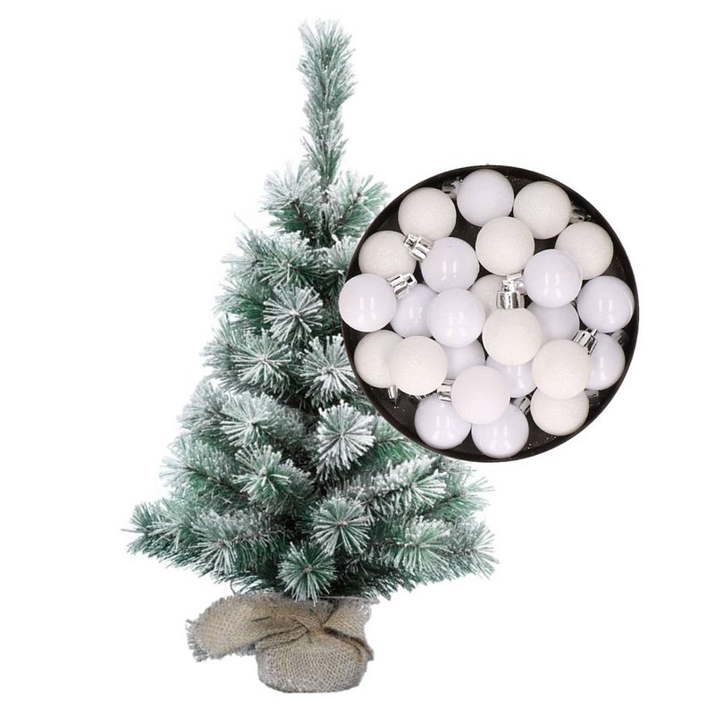 Foto van Besneeuwde mini kerstboom/kunst kerstboom 35 cm met kerstballen wit - kunstkerstboom