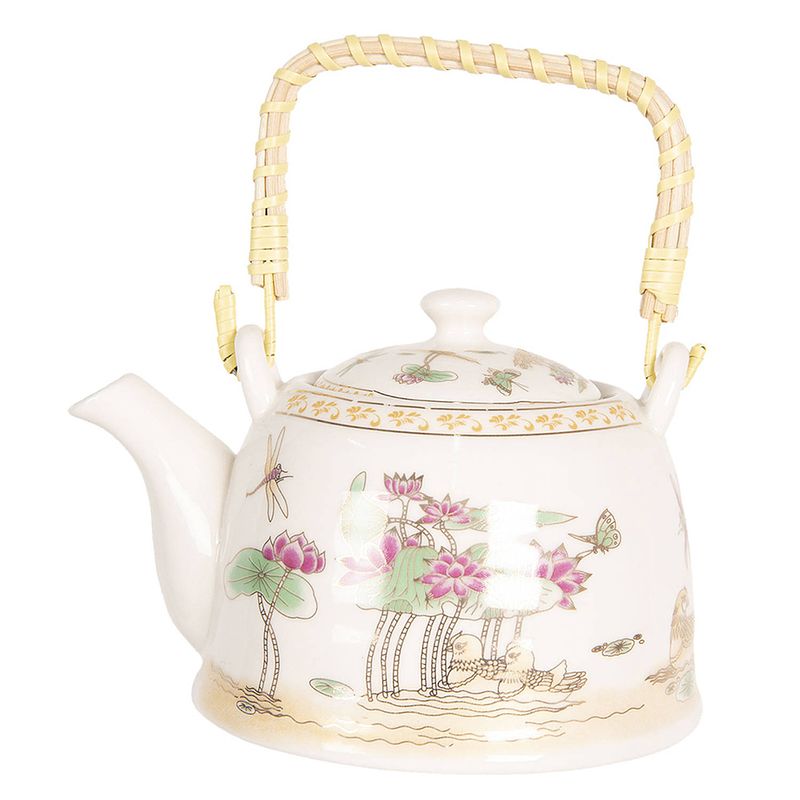 Foto van Haes deco - chinese theepot - porselein - roze vijverbloemen - theepot 800 ml - traditioneel theeservies, theekan