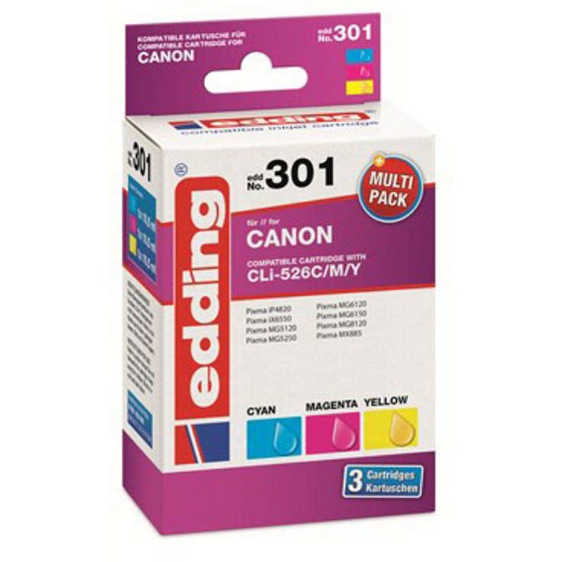 Foto van Edding cartridge vervangt canon cli-526c/m/y multipack 3 compatibel combipack cyaan, magenta, geel edd-301 18-301