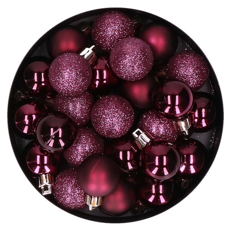 Foto van 20x stuks kleine kunststof kerstballen aubergine roze 3 cm mat/glans/glitter - kerstbal