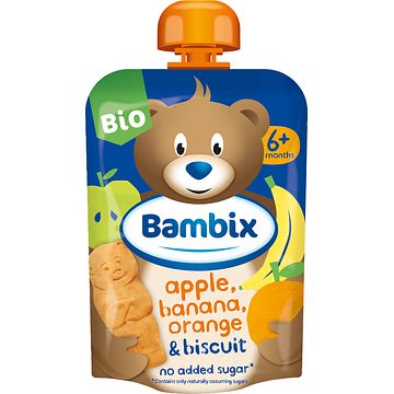 Foto van Bambix knijpzakje appel, banaan, sinaasappel & koekjes bio 6m+ 100g bij jumbo